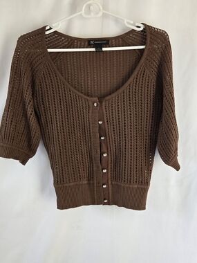 INC International Concepts Brown Open-Knit Short Sleeve Cardigan